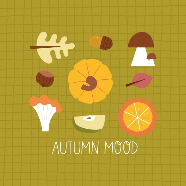 Vector Autumn Illustration Mushrooms Pumpkin Nuts Leaves Autumn Postcard — Stock Vector