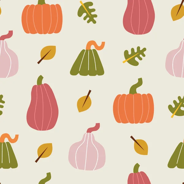 カボチャと葉で秋のシームレスなパターン ベクトル現代的背景 — ストックベクタ