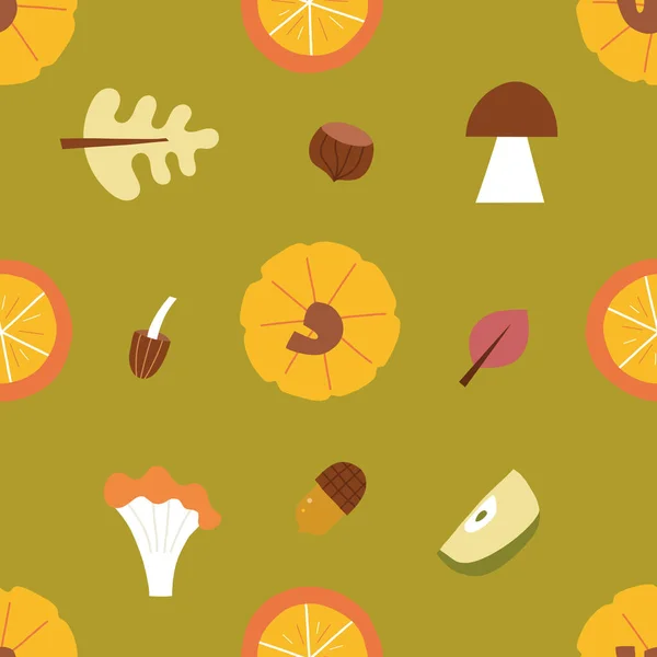 カボチャとキノコと秋のシームレスなパターン ベクトル現代的背景 — ストックベクタ