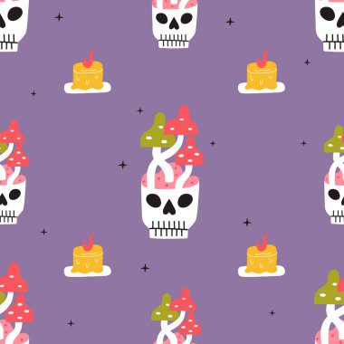 Kafatası ve mantarlı kusursuz desen. Tatil duvar kağıdı. Sonbahar mevsimi.