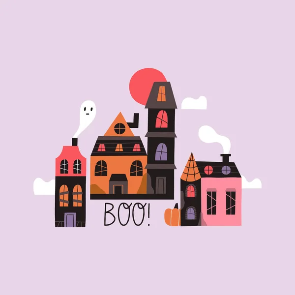 Vector Illustration Ghost House Vector Postcard Halloween Day — Stock Vector