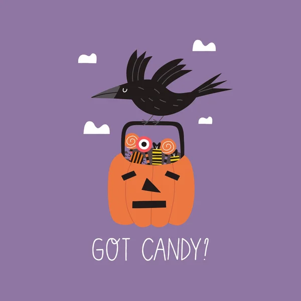 Vector Illustration Black Crow Pumpkin Vector Print Halloween Day Hand — Stock Vector