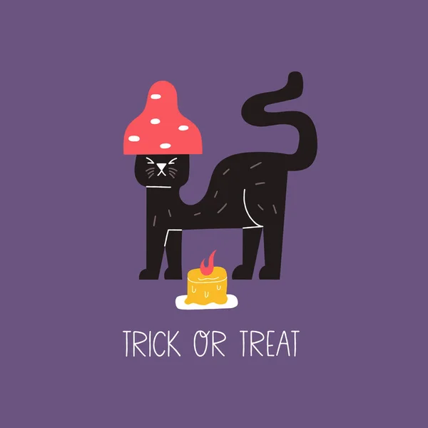 Vector Illustratie Met Een Zwarte Kat Vectorafdruk Voor Halloween Handgetekende — Stockvector