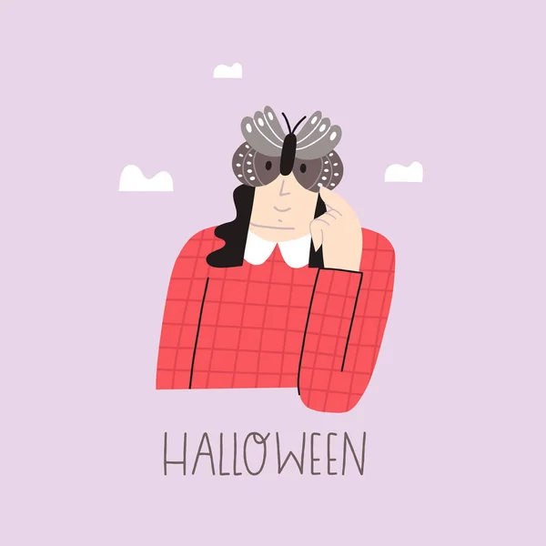 Vector Illustration Girl Moth Mask Vector Card Halloween Day — Stock Vector