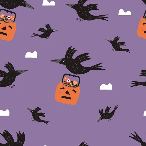 Seamless Wallpaper Crow Pumpkin Happy Halloween Print — Stock Vector