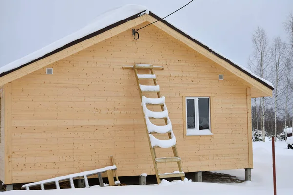Bau Eines Holzhauses Winter Auf Dem Land — Stockfoto
