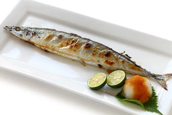 Tuz ile broiled Pasifik saury — Stok fotoğraf