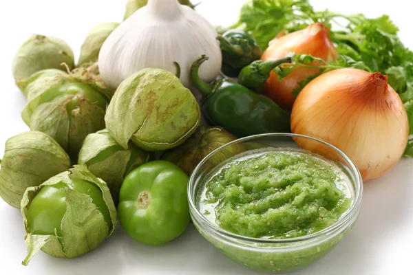 Tomatillo salsa verde ingredients — Stock Photo, Image