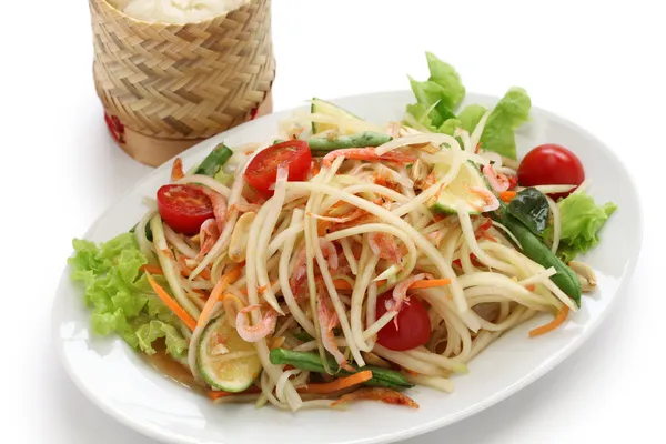 Green papaya salad with sticky rice — Stock Photo, Image