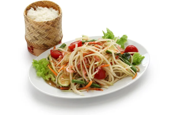 Green papaya salad with sticky rice — Stock Photo, Image