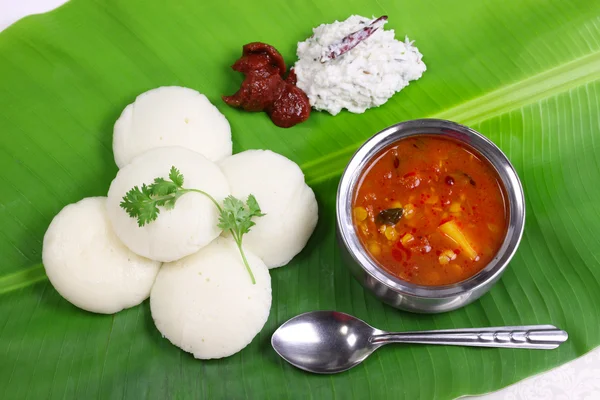 South indian breakfast on banana leaf — Stock Photo, Image