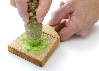 Grating fresh wasabi by shark skin grater clipart