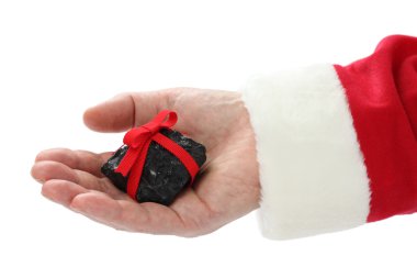 Noel Baba el üstünde kırmızı kurdele ile kömür