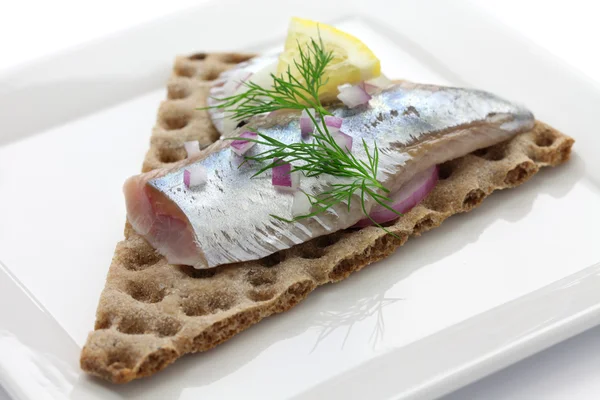 Pickled herring on crisp bread — Stock Photo, Image