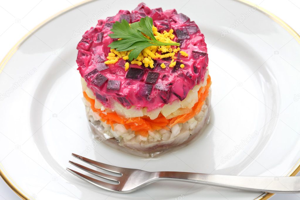 Russian traditional salad, dressed herring under fur coat Stock Photo