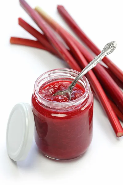 Homemade rhubarb jam in jar — Stock Photo, Image