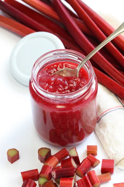 Homemade rhubarb jam in jar — Stock Photo, Image