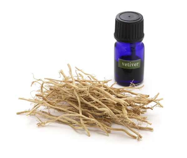 Dried Vetiver Roots Vetiver Essential Oil Glass Vial Fragrance Material — Stock Photo, Image