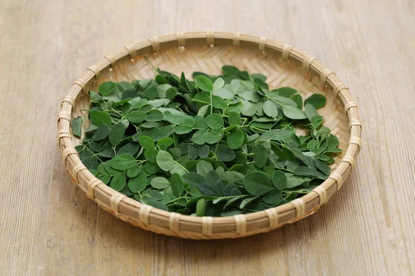 Moringa Leaves Bamboo Tray — Stock Photo, Image