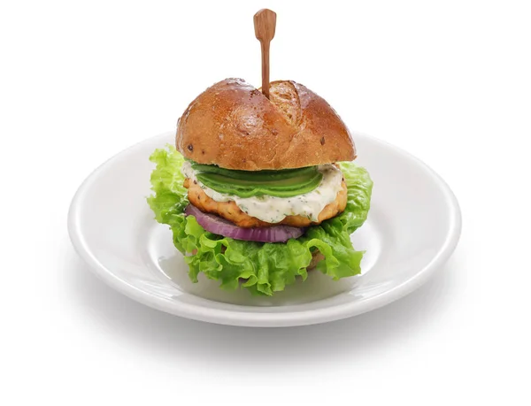 Zelfgemaakte Zalmburger Met Avocado Tartaarsaus — Stockfoto