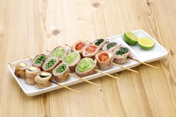 Japanese Food Vegetables Wrapped Thinly Sliced Pork Meat Skewered Grilled — Stock Photo, Image