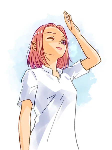 Beautiful Woman Illustration Standing Raise Her Hand Block Out Bright — Stock Photo, Image