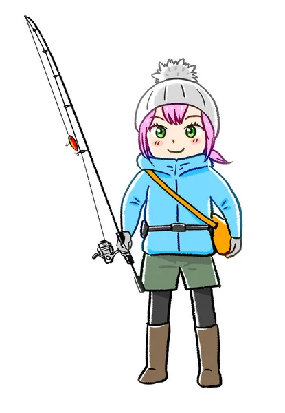Manga Kawaii Chibi年轻女子钓鱼插图 冬季秋风 — 图库照片