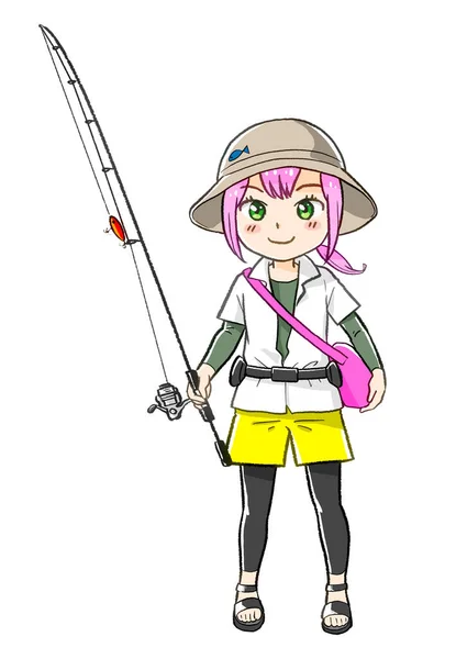 Manga Kawaii Chibi Mujer Joven Pescador Ilustración Primavera Verano Moda —  Fotos de Stock