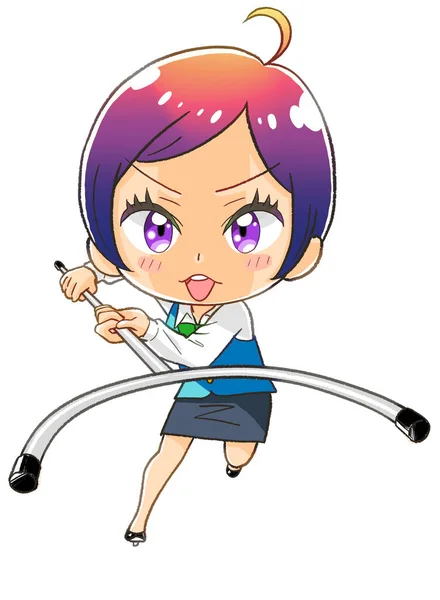 Manga Kawaii Chibi Female Banker Illustration Self Defense Training Sasumata — Stock Photo, Image