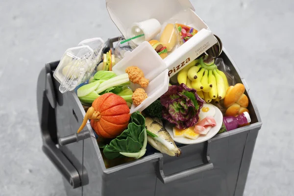 Garbage trash can, Image of food waste made in miniature.The letters of pizza box are fictitious.