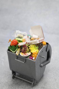 Çöp tenekesi, minyatür gıda atıkları. Pizza kutusunun harfleri uydurma..