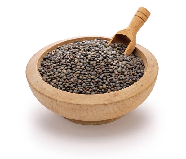 Puy Green Lentils Wooden Bowl — Stock Photo, Image
