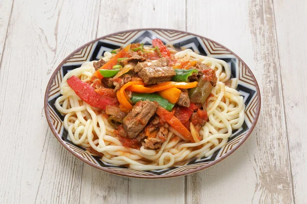 Laghman Hand Pulled Noodles Dish Lamb Meat Vegetables Uyghur Cuisine — Foto de Stock
