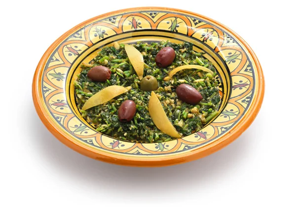 Marokkaanse Salade Van Kaasjeskruid Bladeren Worden Gehakt Gestoomd Vervolgens Gebakken — Stockfoto