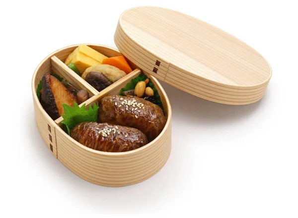 Beef Wrapped Rice Balls Bento Box Japanese Food — Stok fotoğraf