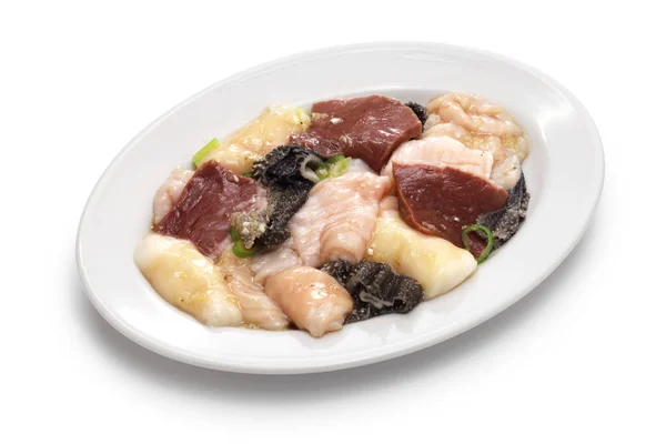 Vários Carne Carne Miudezas Crua Antes Grelhar Ingredientes Churrasco Coreano — Fotografia de Stock