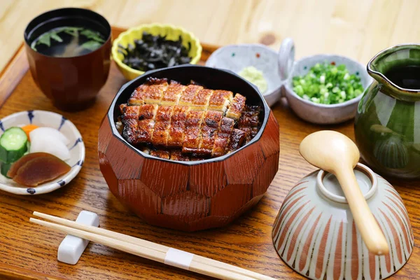 Hitsumabushi Prato Japonês Arroz Nagoya Decorado Com Enguia Unagi Grelhada — Fotografia de Stock