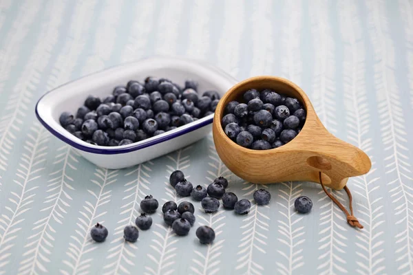 Kuksa Finnish Wooden Mug Fresh Blueberries — Stock Photo, Image