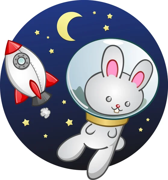 Space Bunny Cartoon Character In A Toy Rocket Ship — Stock Vector