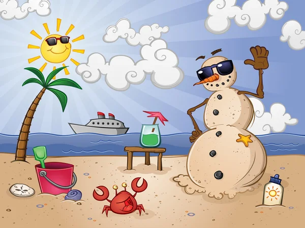 Sabbia pupazzo di neve Cartoon Character on a Tropical Beach Vacation in Paradise — Vettoriale Stock