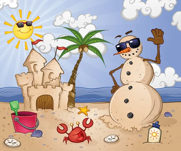 Bonhomme de neige de sable personnage de bande dessinée sur une plage tropicale avec un château de sable — Image vectorielle