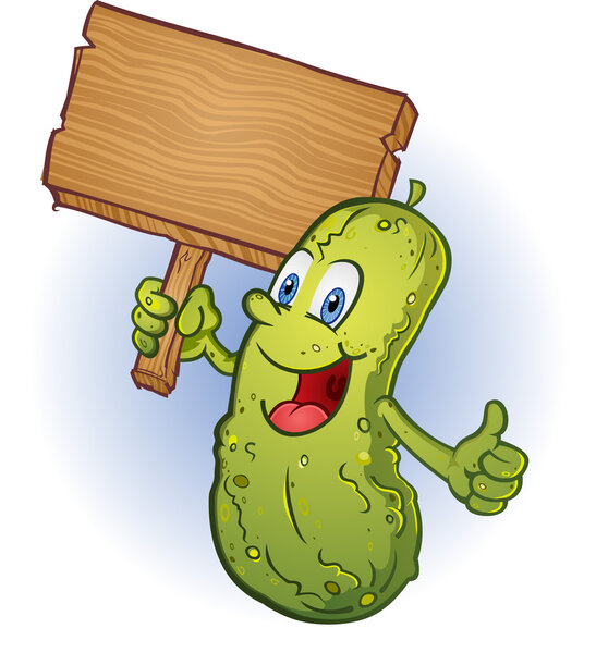 Smiling Pickle Cartoon Character giving Thumbs Up and Holding a Wooden Sign
