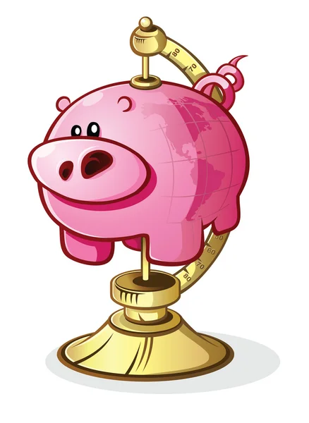 Piggy bank globe op een stripfiguur stand — Stockvector