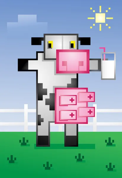 Pixelated Cow Drinking Milk Cartoon — Stock Vector