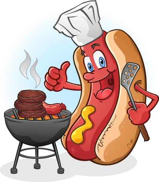 Hot Dog Cartoon Grigliate su un barbecue — Vettoriale Stock