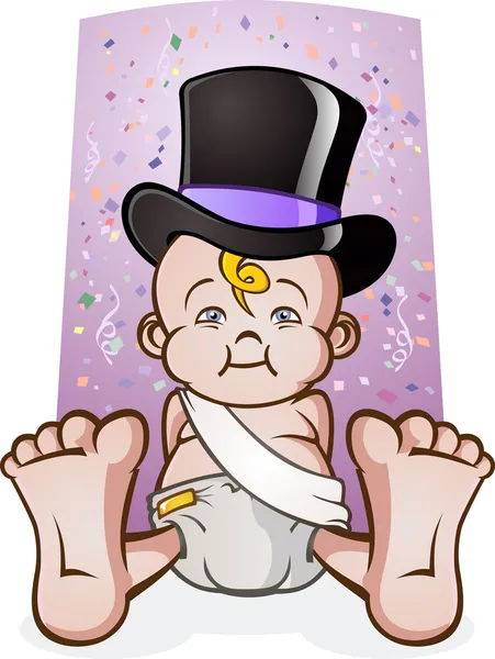 Cute New Years Eve Baby Cartoon Character in a Top Hat — Stock Vector