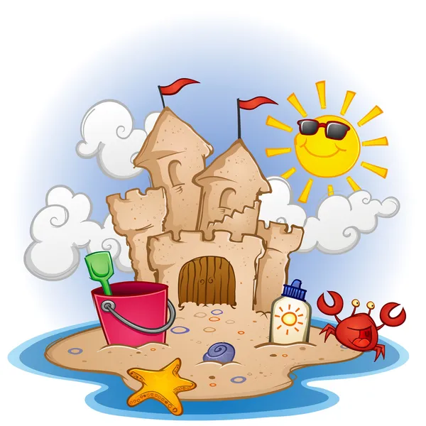 Playa con el castillo de arena — Vector de stock