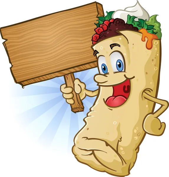 Burrito Carácter sosteniendo letrero de madera — Vector de stock