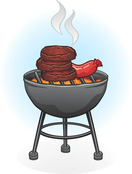 Parrilla con perros calientes y hamburguesas — Vector de stock