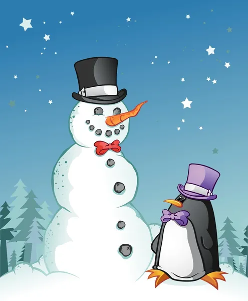 Sneeuwpop en penguin in formele kleding — Stockvector